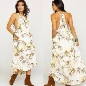 Free People Ivory Combo Floral Ruffle Tiered Halter Anita Maxi Dress Medium